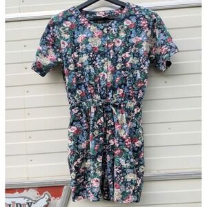 Vintage 90s Blue Floral Button Up Romper Cotton Short Sleeve Retro Petite Medium